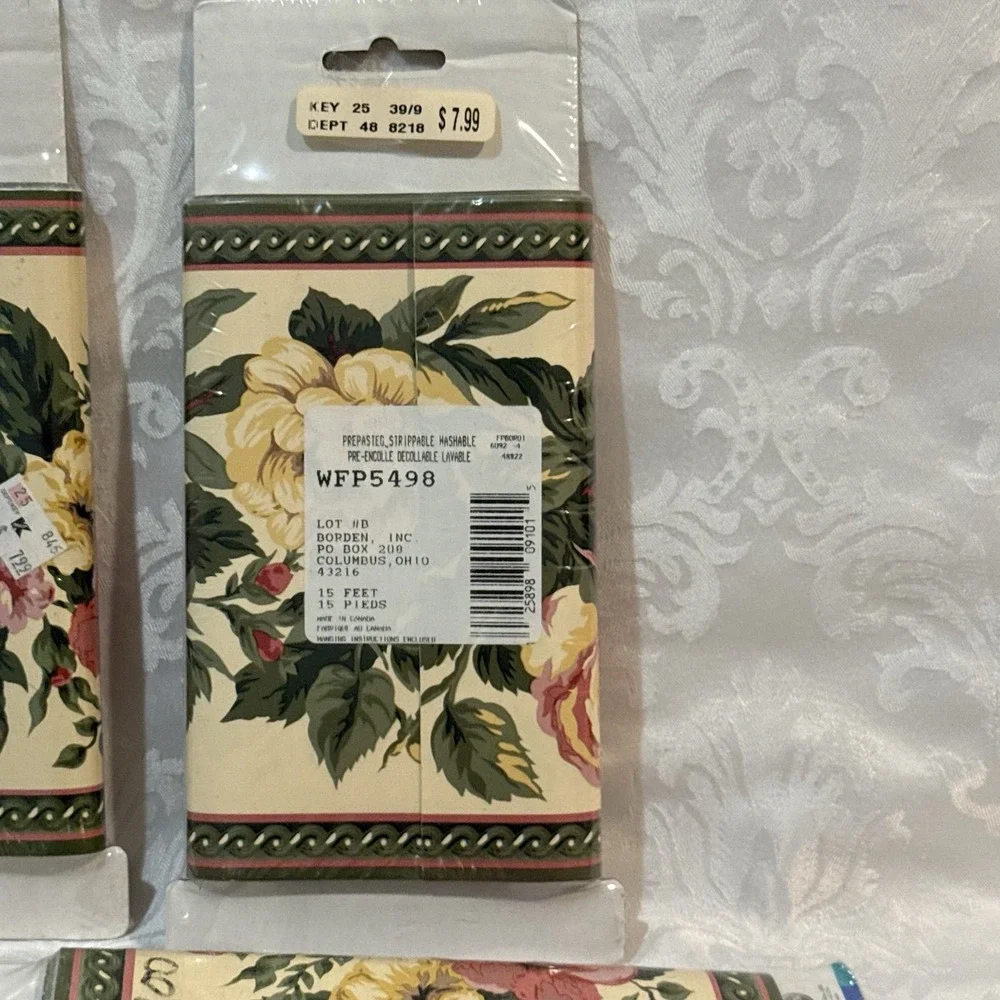 Lot 6 Pink Yellow Roses 634272CD  Prepasted Wallpaper Borden Border New 5 Yards